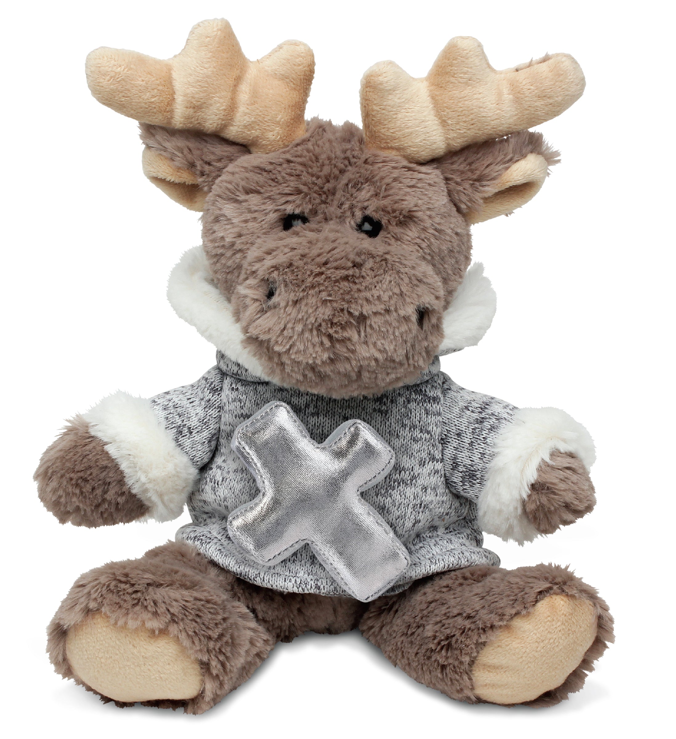 PLUSH CROSS - SUPER SOFT PLUSH - SITTING MOOSE WITH GREY HOODED SWEATER
