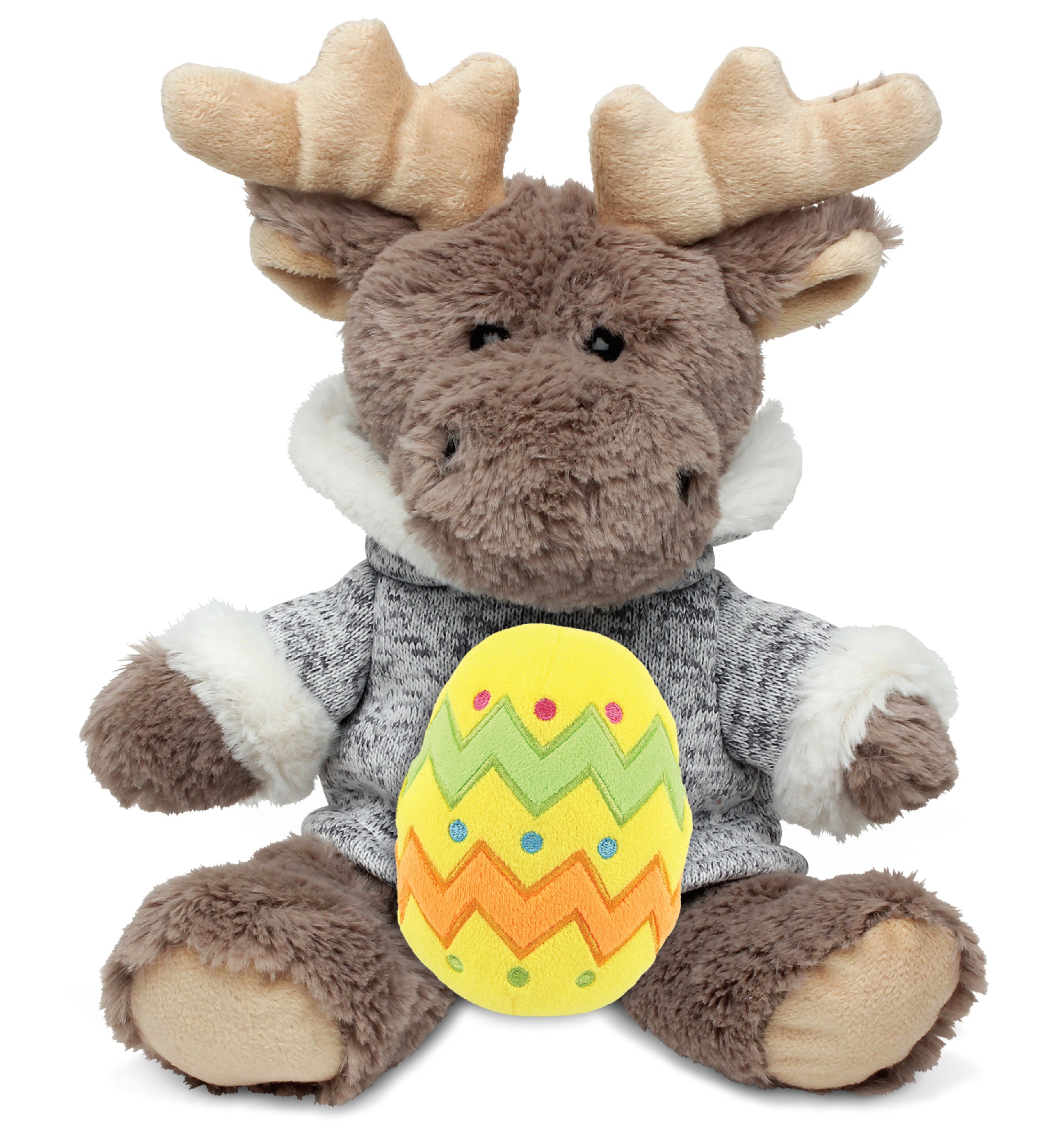 PLUSH EASTER EGG - SUPER SOFT PLUSH - SITTING MOOSE WITH GREY HOODED SWEATER