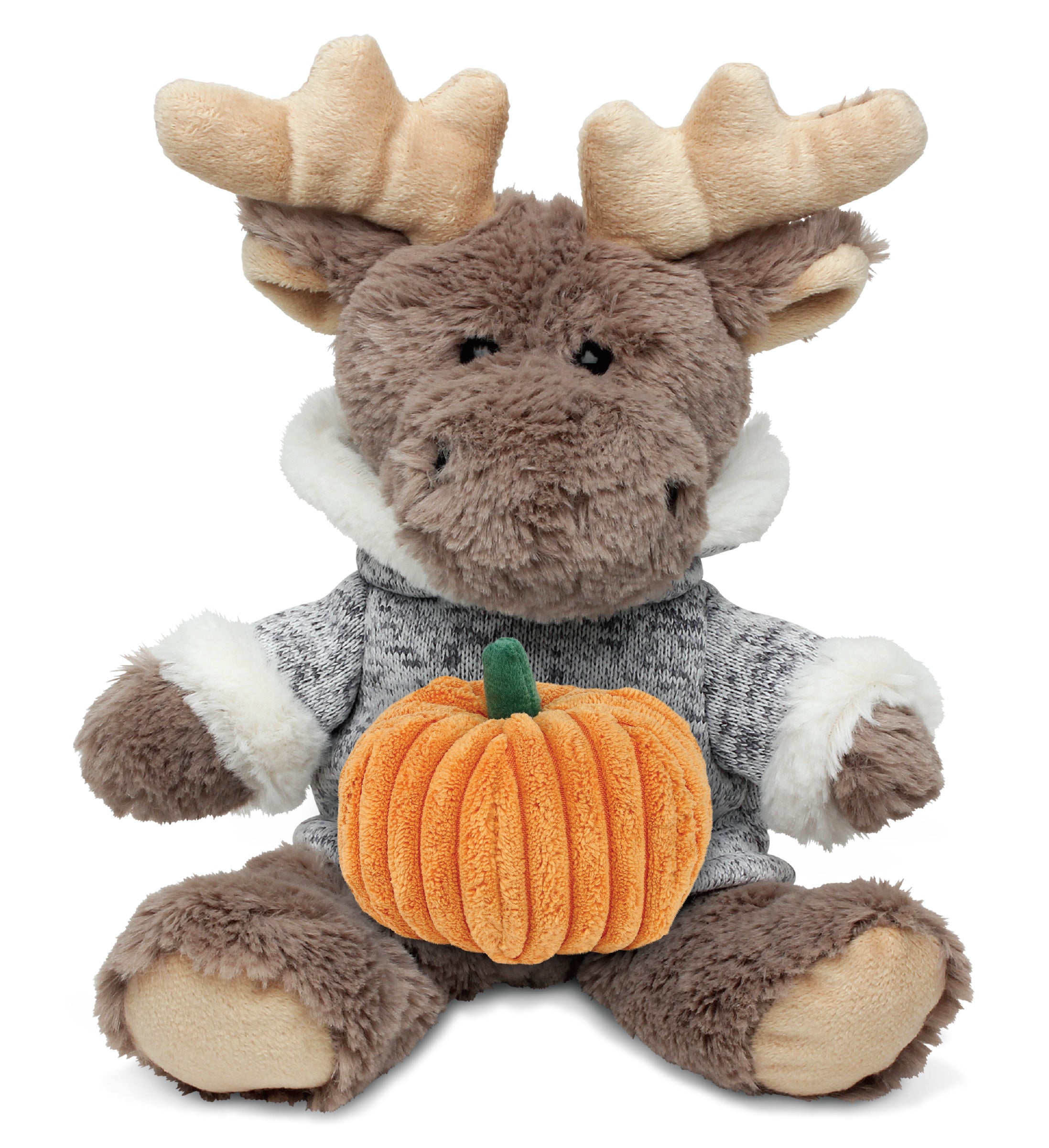 PLUSH PUMPKIN - SUPER SOFT PLUSH - SITTING MOOSE WITH GREY HOODED SWEATER
