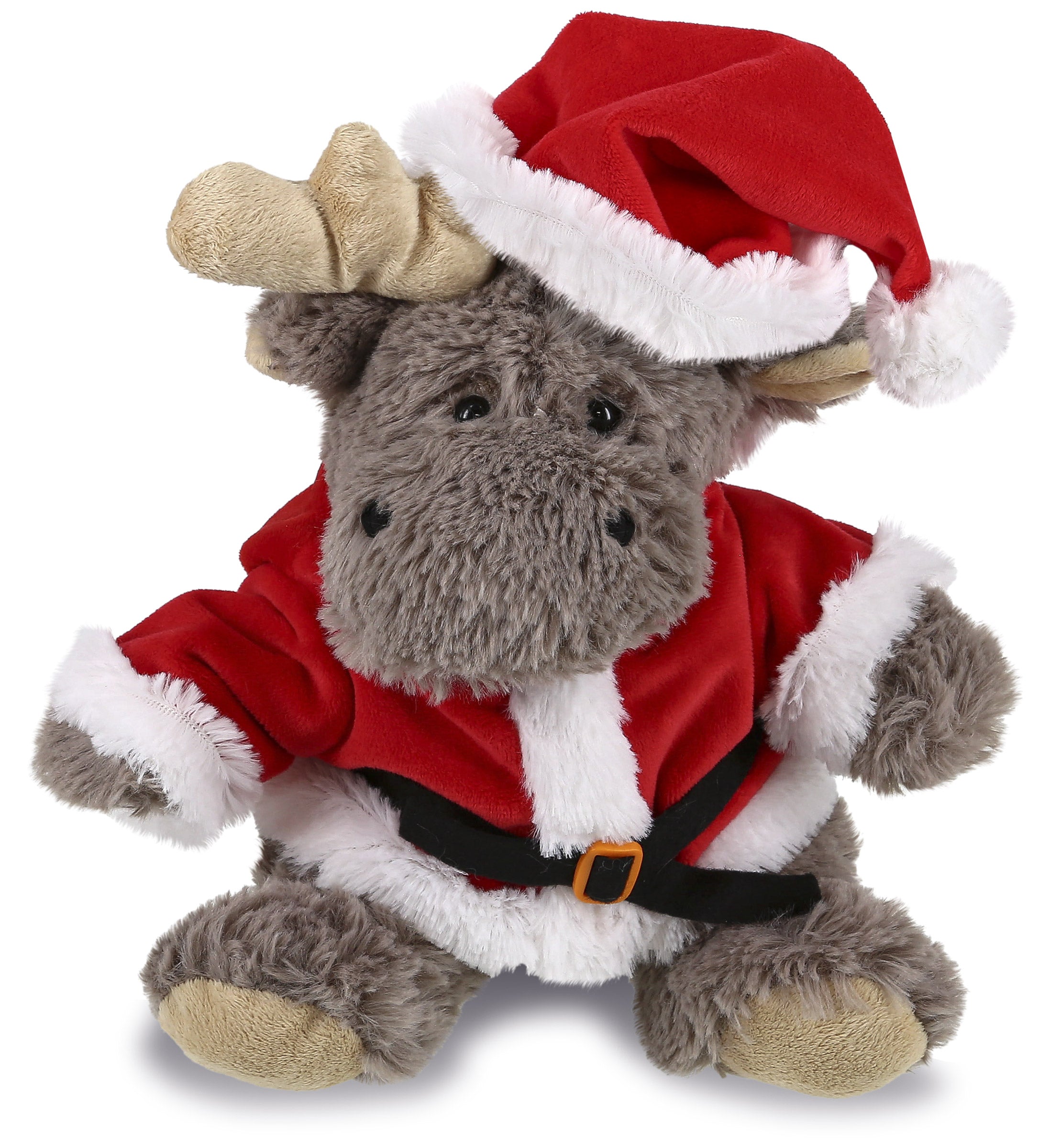 PLUSH SANTA - SUPER SOFT PLUSH - SITTING MOOSE WITH GREY HOODED SWEATER