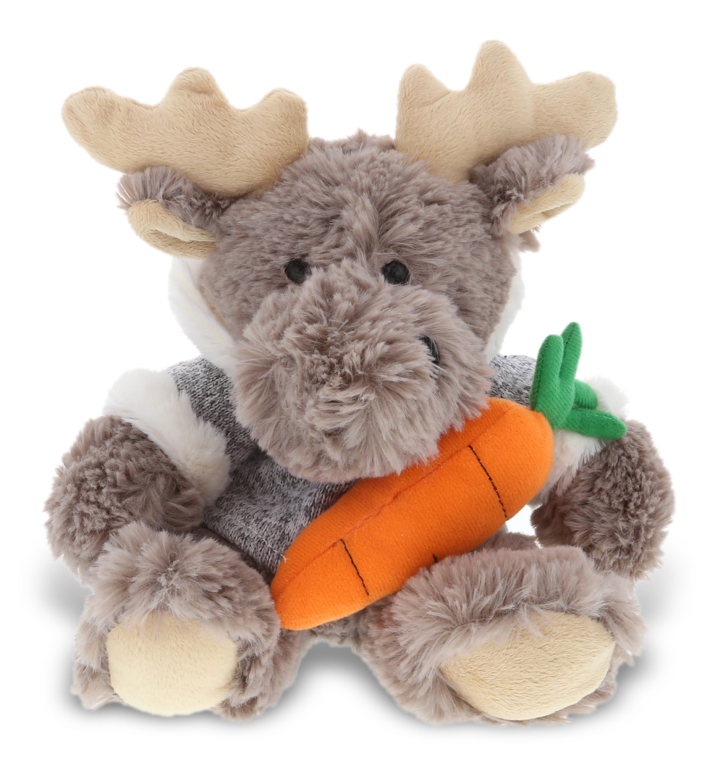 PLUSH CARROT - SUPER SOFT PLUSH - SITTING MOOSE WITH GREY HOODED SWEATER