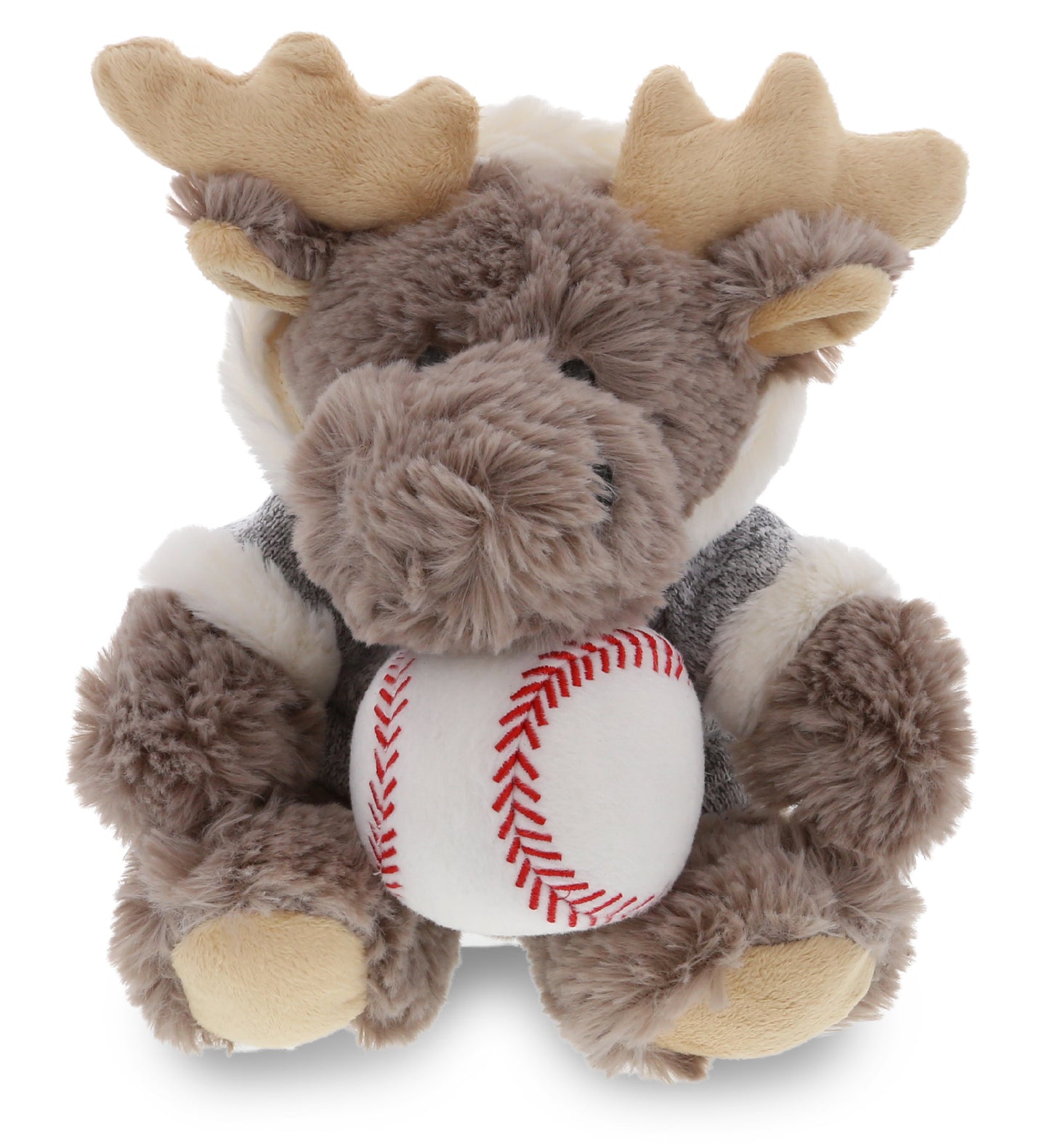 PLUSH BASEBALL - SUPER SOFT PLUSH - SITTING MOOSE WITH GREY HOODED SWEATER