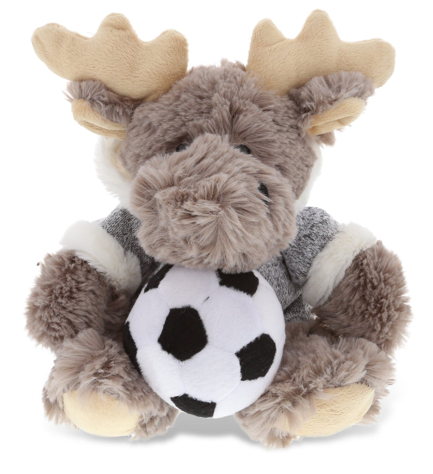 PLUSH SOCCER BALL - SUPER SOFT PLUSH - SITTING MOOSE WITH GREY HOODED SWEATER
