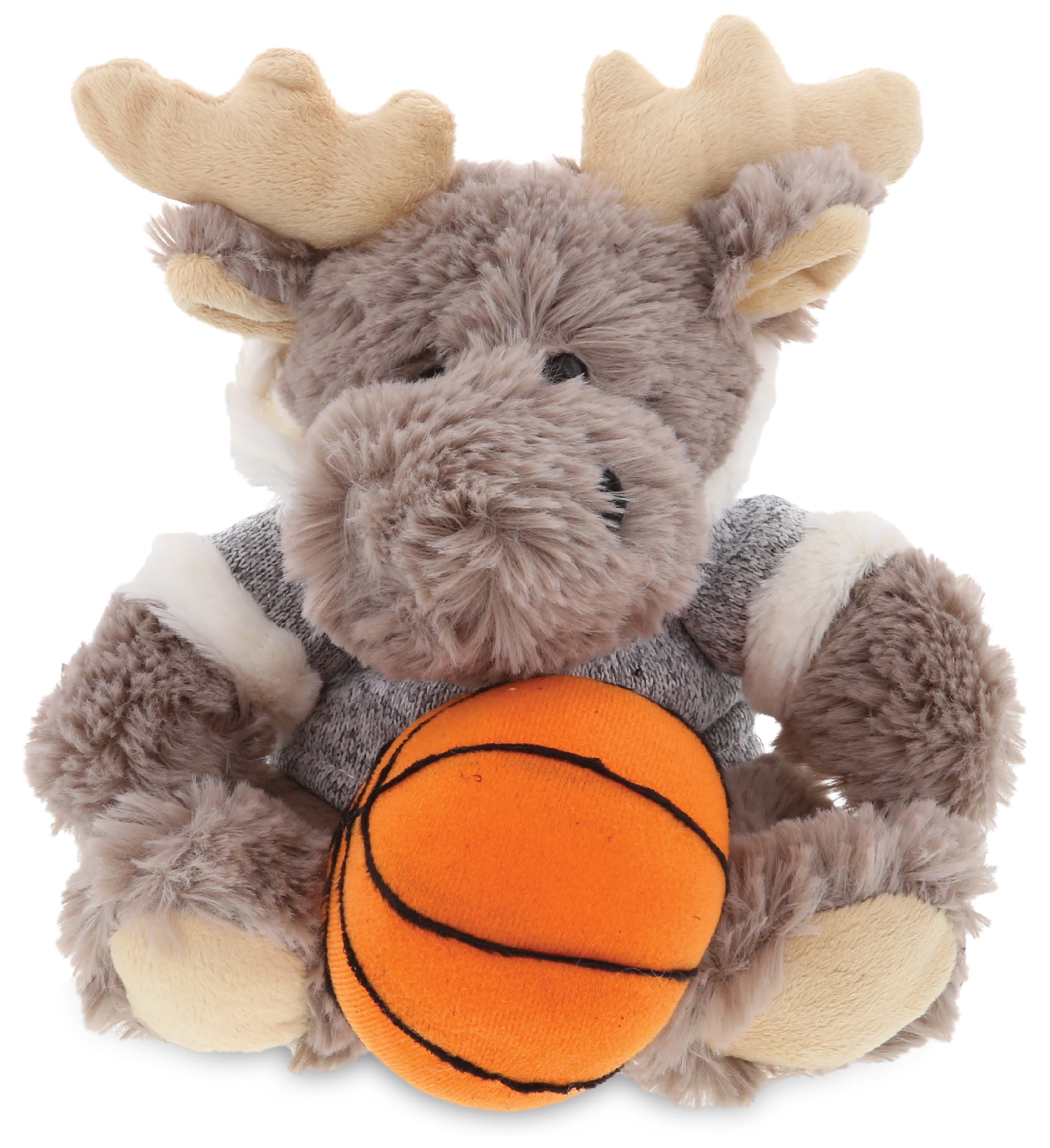 PLUSH BASKETBALL - SUPER SOFT PLUSH - SITTING MOOSE WITH GREY HOODED SWEATER