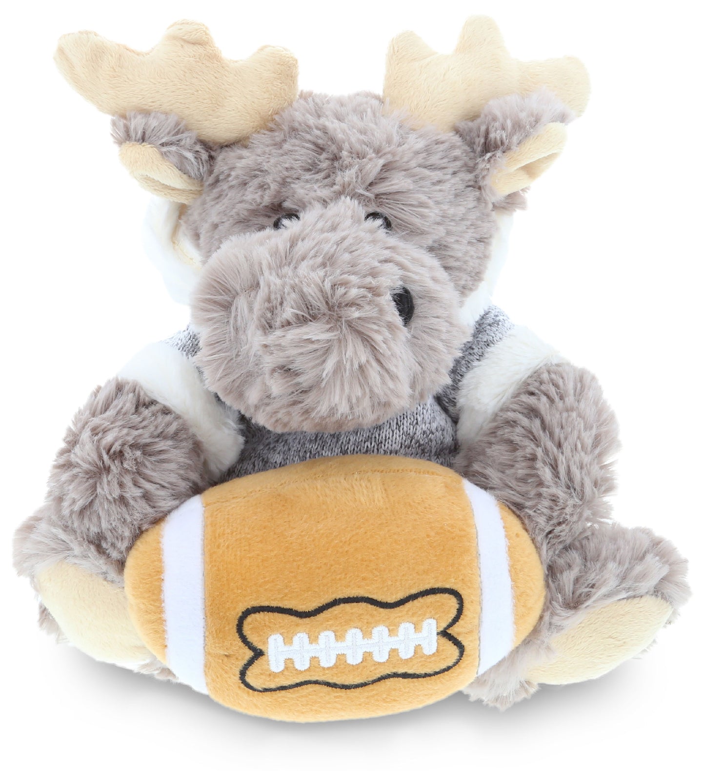 PLUSH FOOTBALL - SUPER SOFT PLUSH - SITTING MOOSE WITH GREY HOODED SWEATER