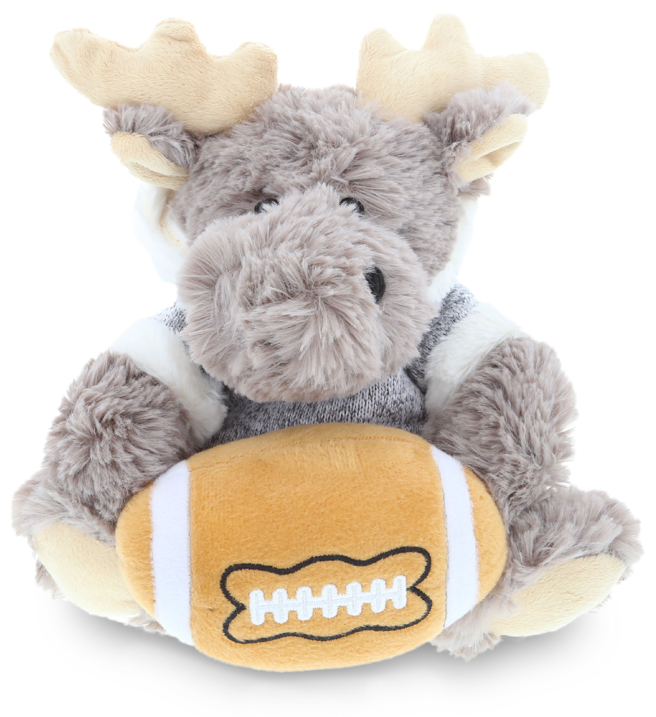 PLUSH FOOTBALL - SUPER SOFT PLUSH - SITTING MOOSE WITH GREY HOODED SWEATER