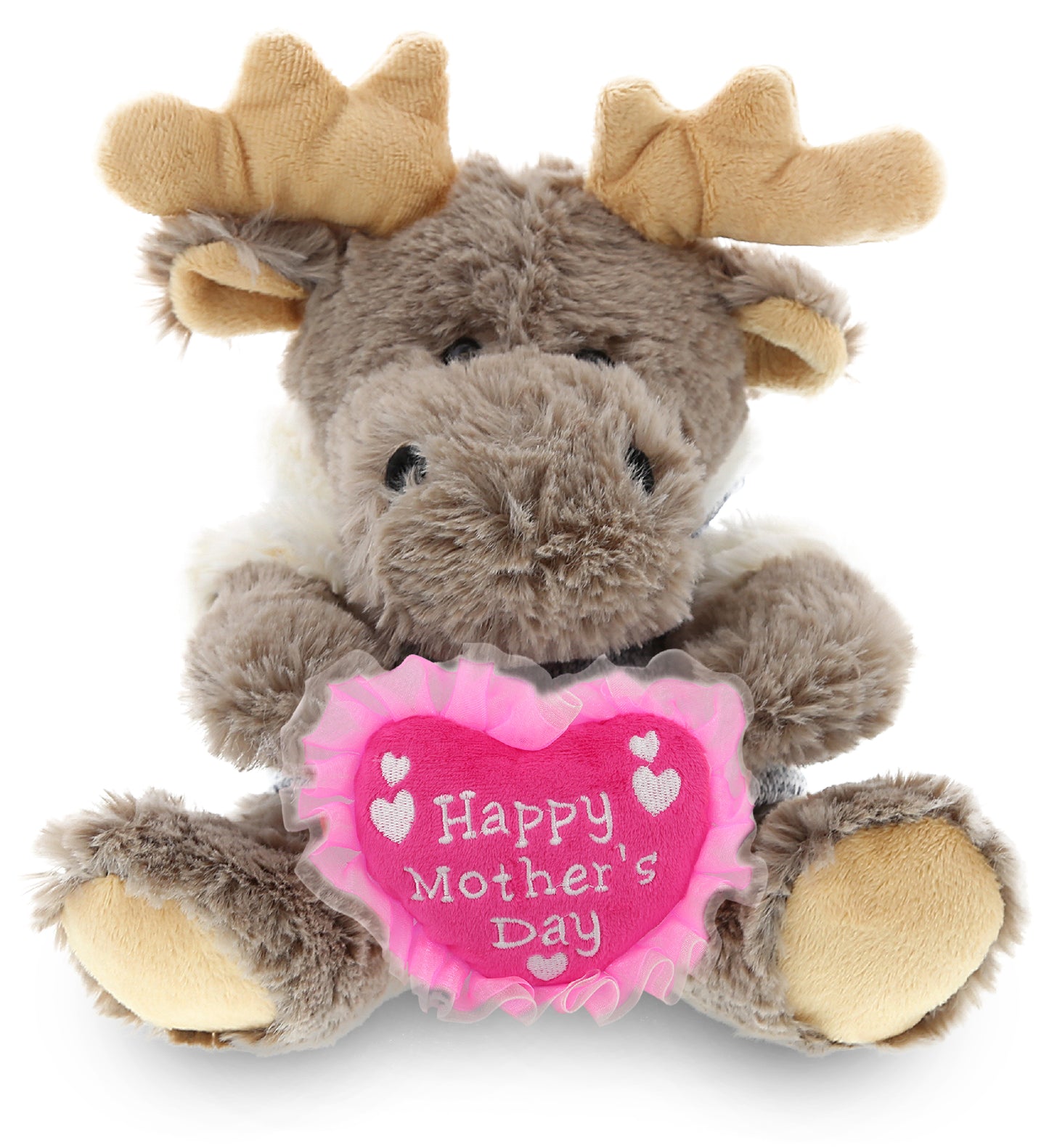 PLUSH MOTHERS DAY HEART - SUPER SOFT PLUSH - SITTING MOOSE WITH GREY HOODED SWEATER