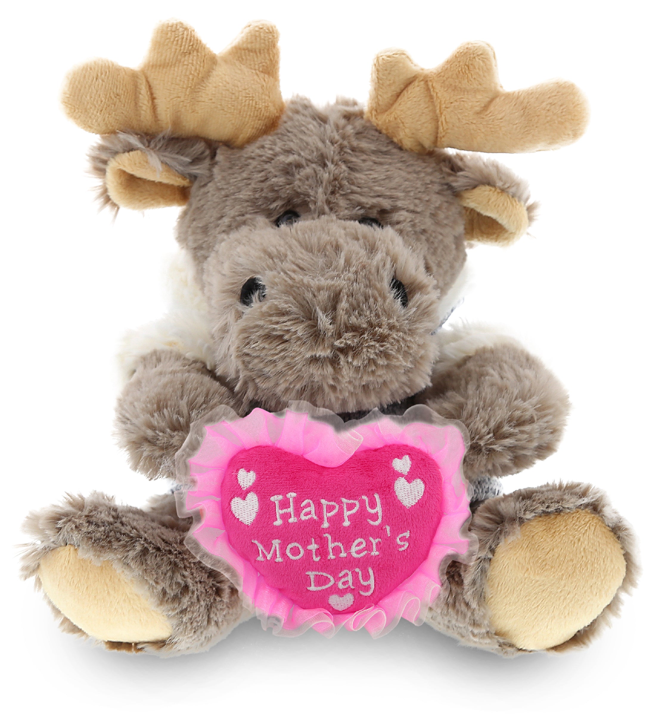 PLUSH MOTHERS DAY HEART - SUPER SOFT PLUSH - SITTING MOOSE WITH GREY HOODED SWEATER