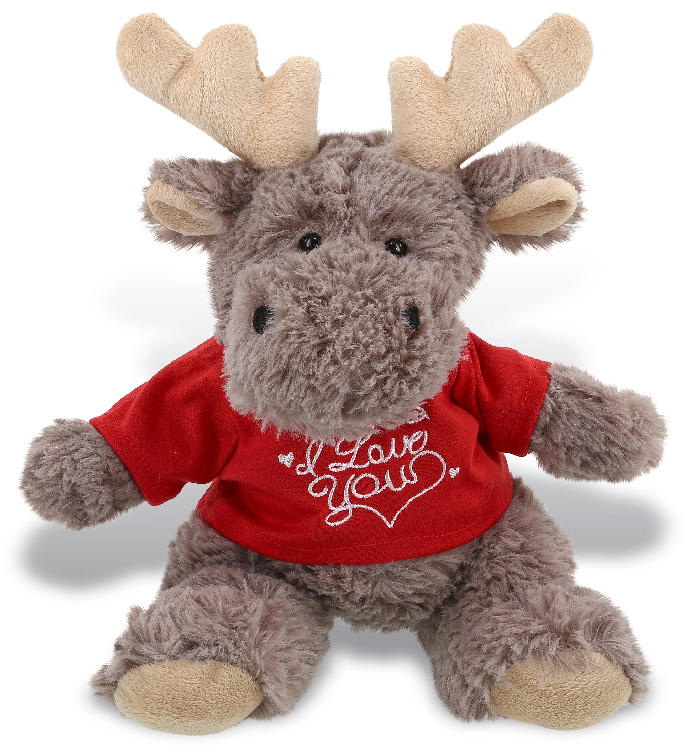 PLUSH I LOVE YOU RED SHIRT- SUPER SOFT PLUSH - SITTING MOOSE WITH GREY HOODED SWEATER
