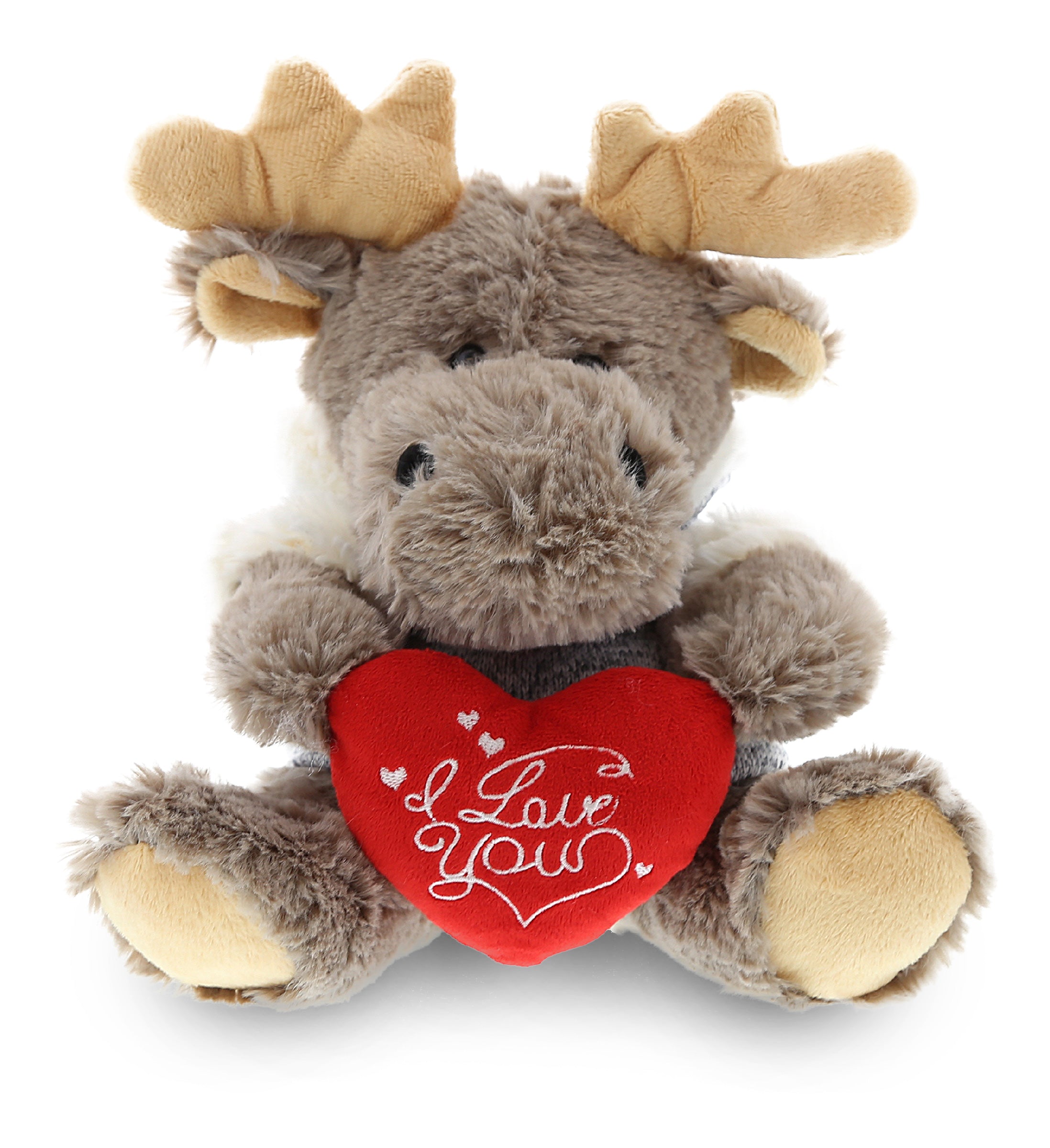 PLUSH I LOVE YOU RED HEART - SUPER SOFT PLUSH - SITTING MOOSE WITH GREY HOODED SWEATER