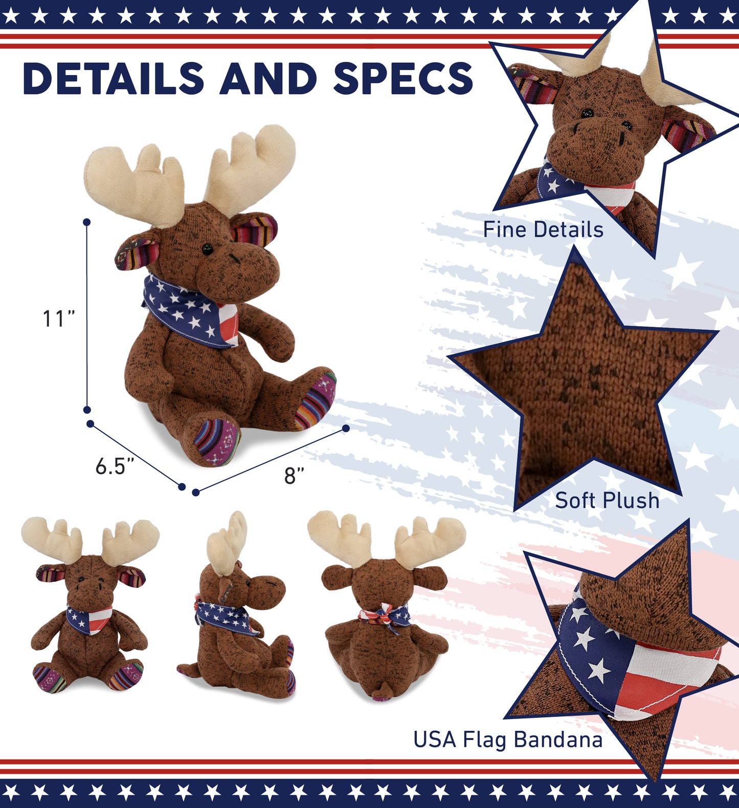 FUNKY PLUSH - SITTING BROWN MOOSE WITH USA FLAG BANDANA