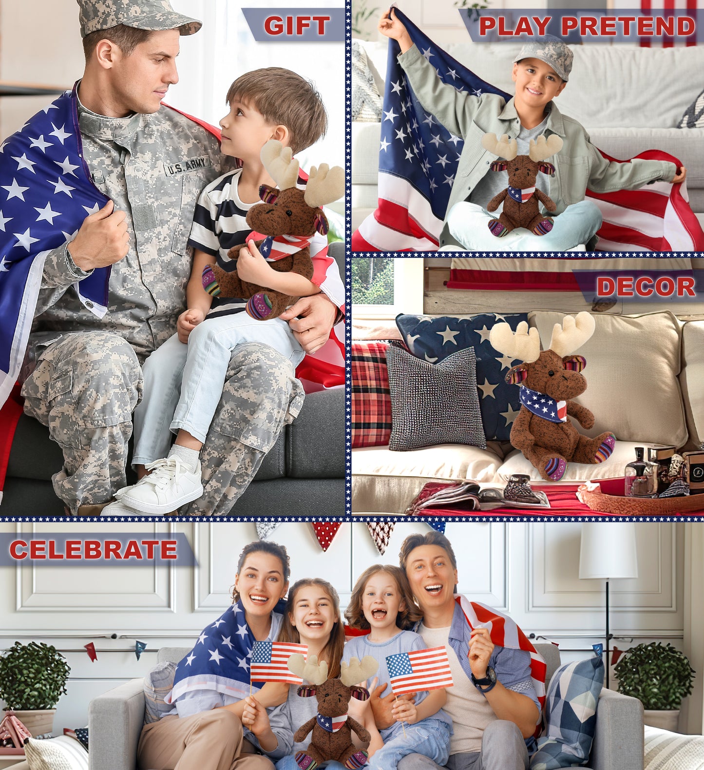 FUNKY PLUSH - SITTING BROWN MOOSE WITH USA FLAG BANDANA