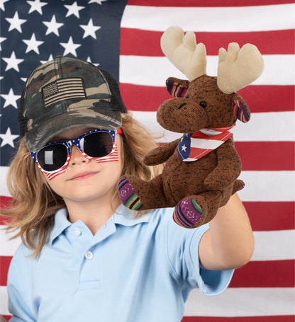 FUNKY PLUSH - SITTING BROWN MOOSE WITH USA FLAG BANDANA