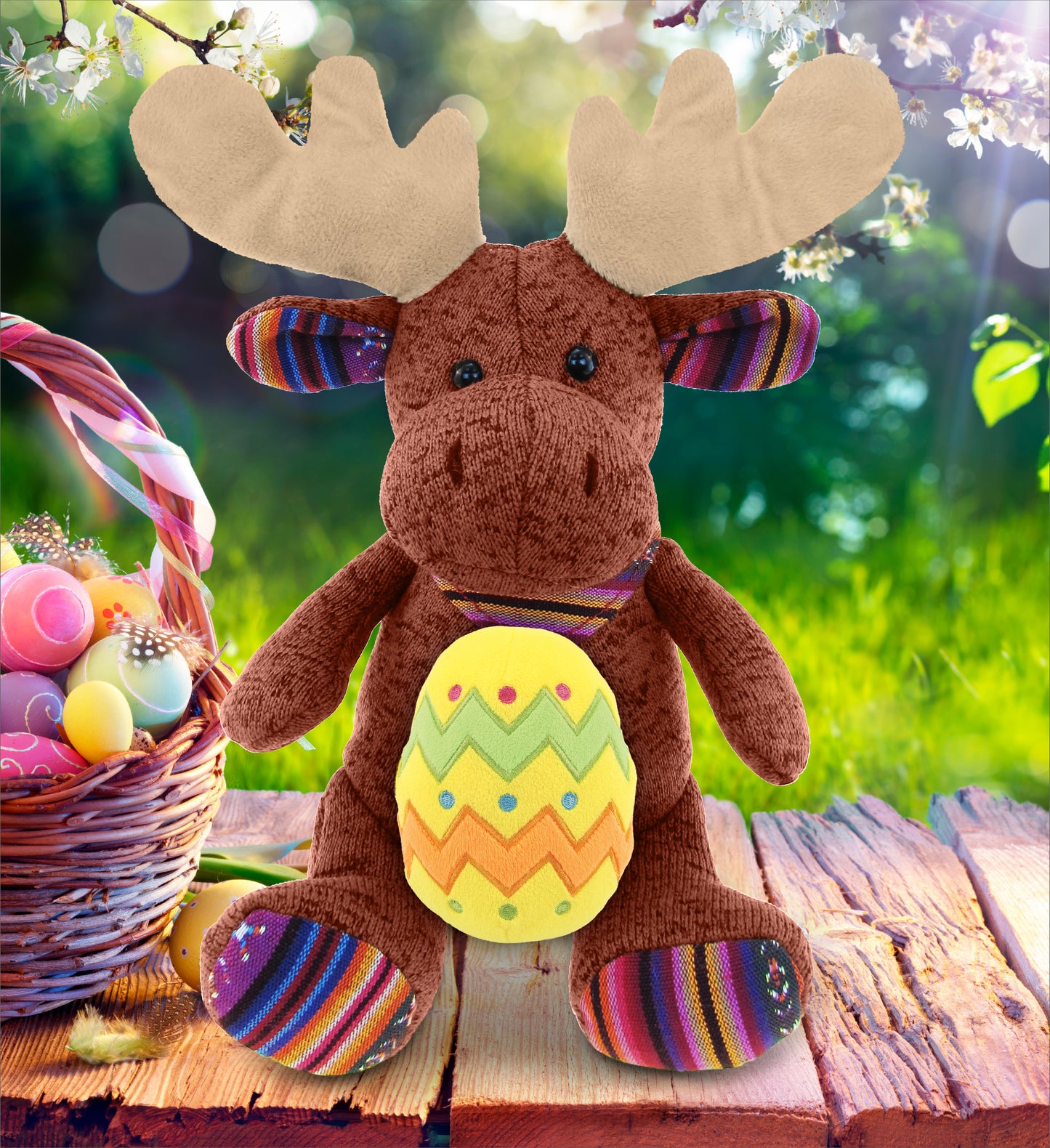 DolliBu Funky Sitting Brown Moose with Yellow Easter Egg Plush - 11 Inches