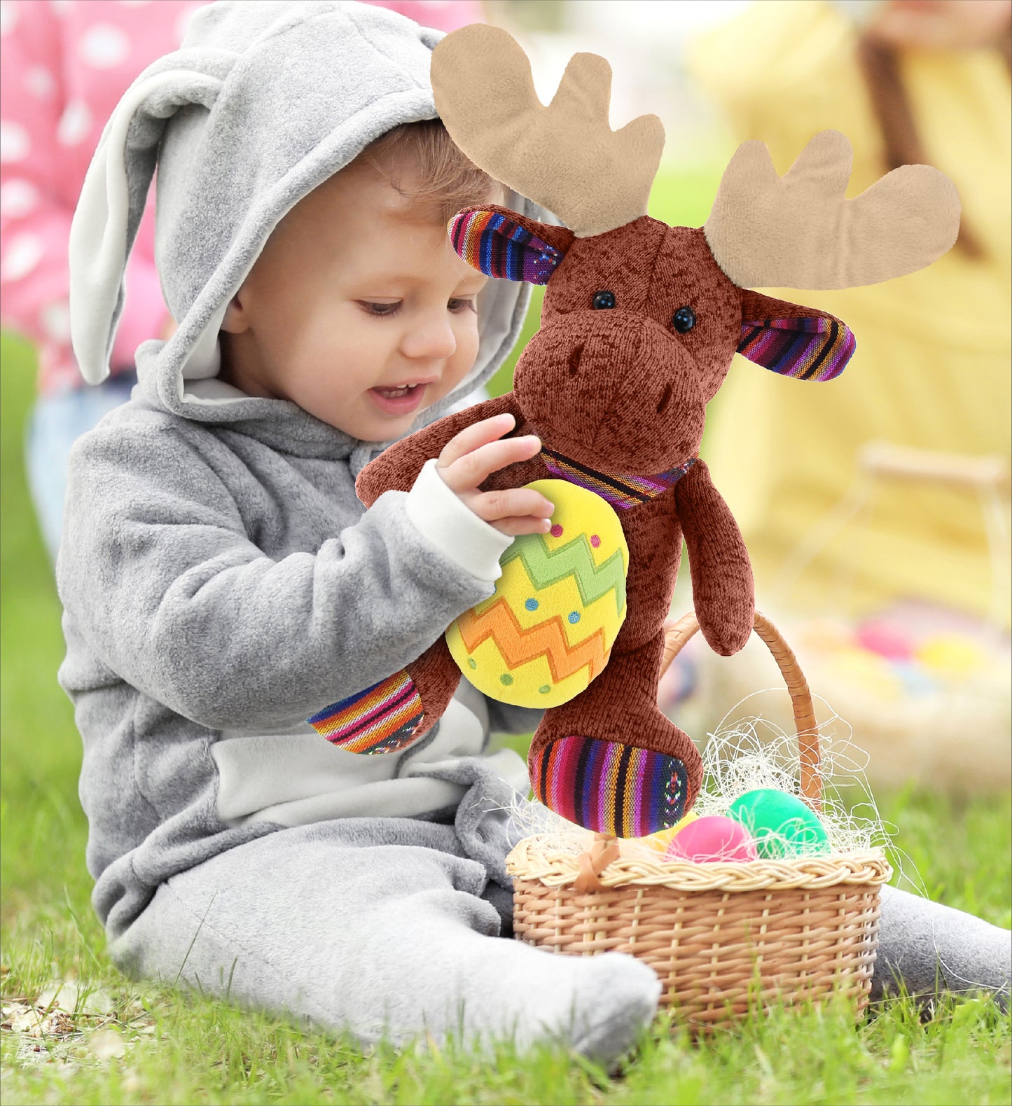 DolliBu Funky Sitting Brown Moose with Yellow Easter Egg Plush - 11 Inches