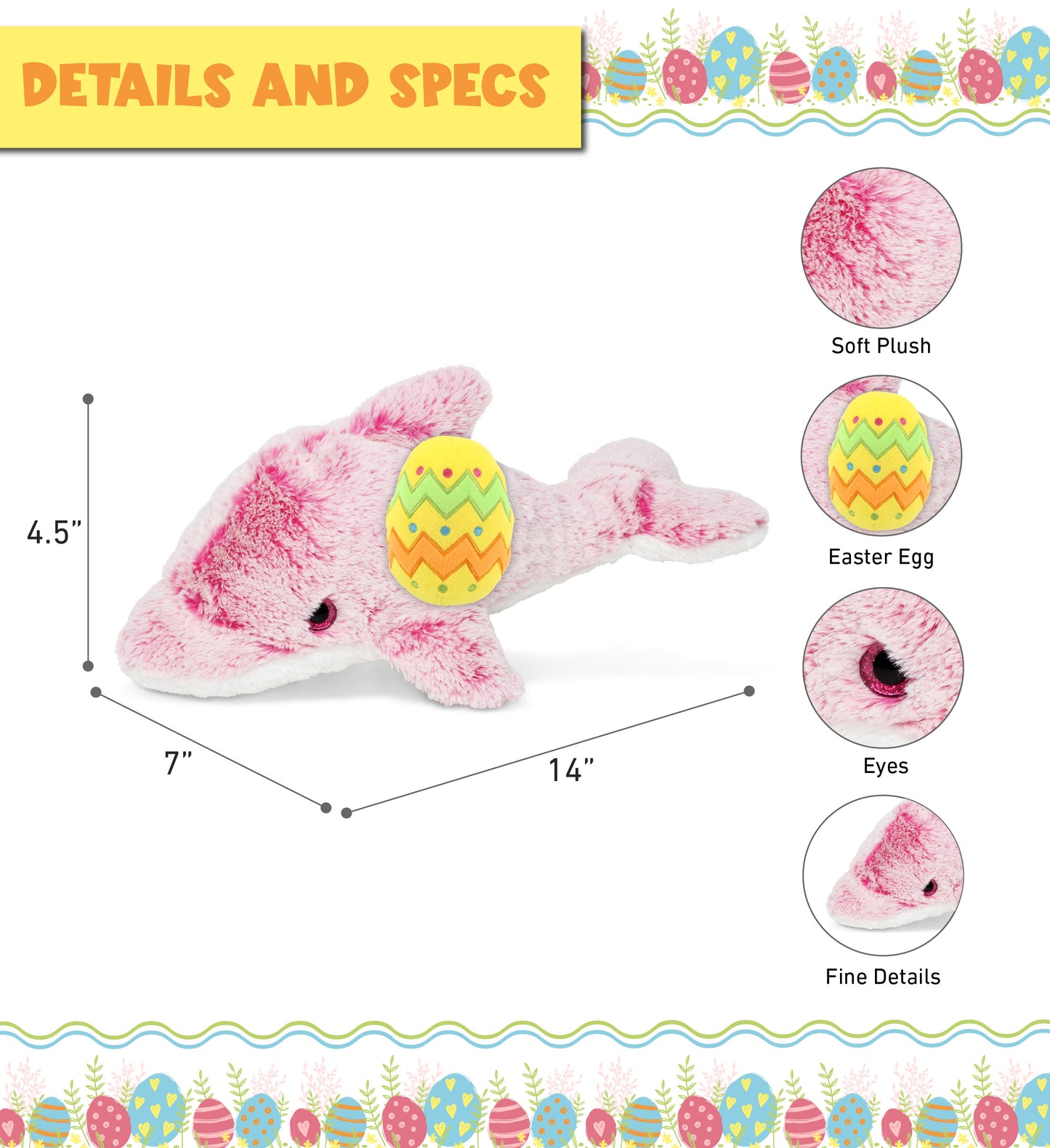 DolliBu Super Soft Pink Dolphin with Yellow Easter Egg Plush Toy - 14 Inches