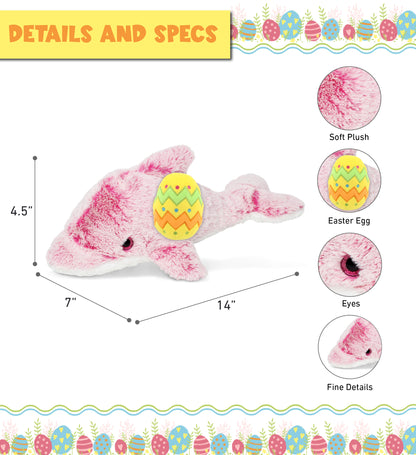 DolliBu Super Soft Pink Dolphin with Yellow Easter Egg Plush Toy - 14 Inches