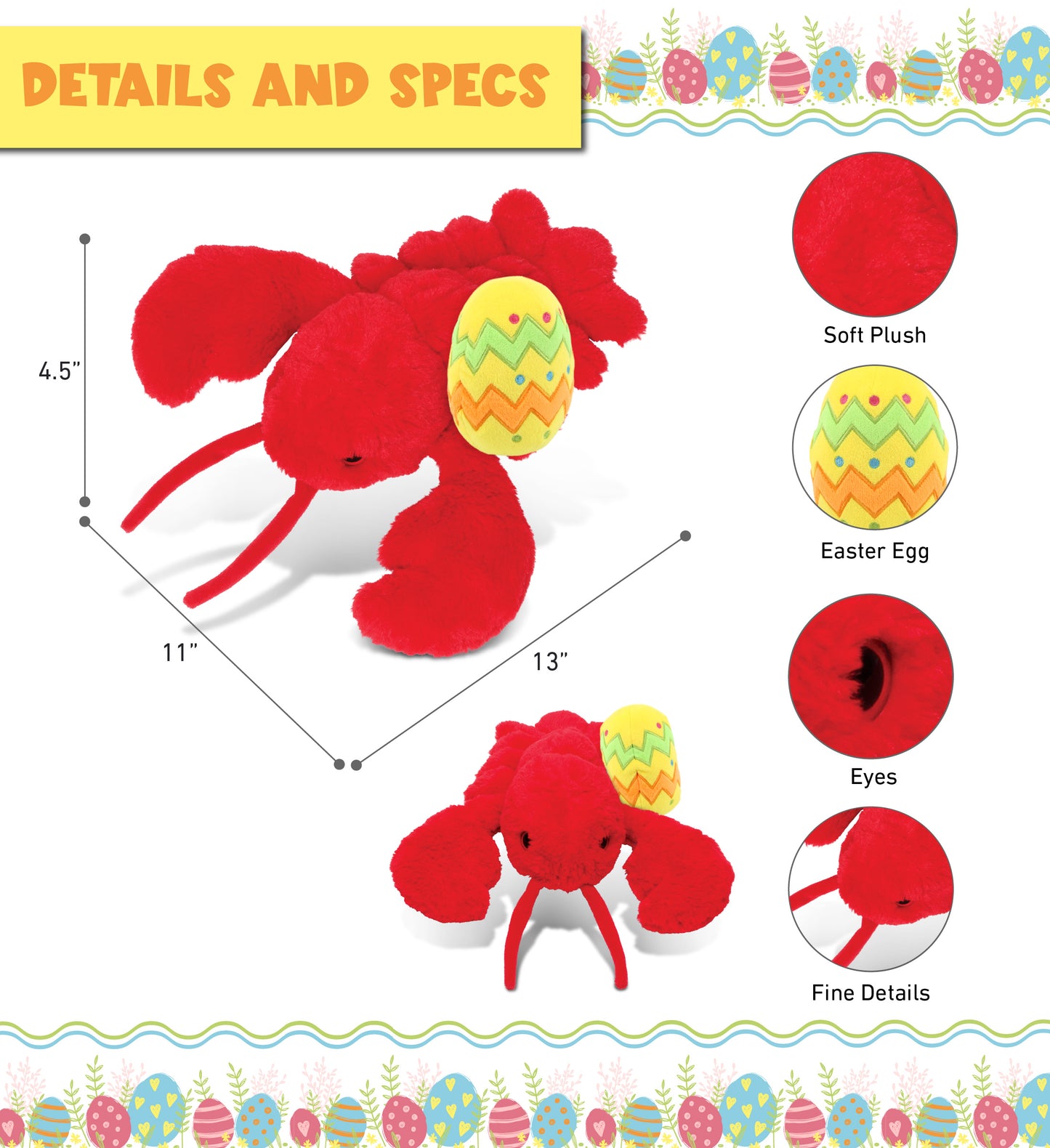 DolliBu Super Soft Cute Red Lobster with Yellow Easter Egg Plush - 13 Inches