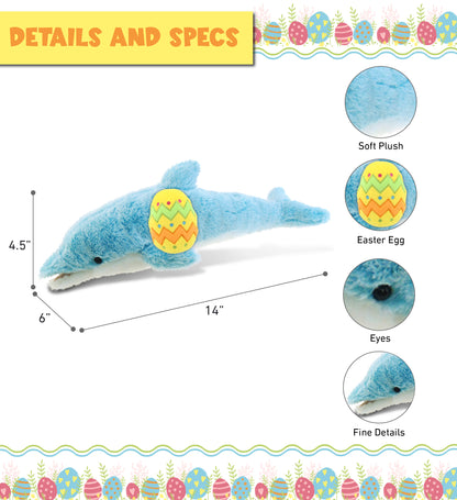 DolliBu Super Soft Cute Blue Dolphin with Yellow Easter Egg Plush - 14 Inches