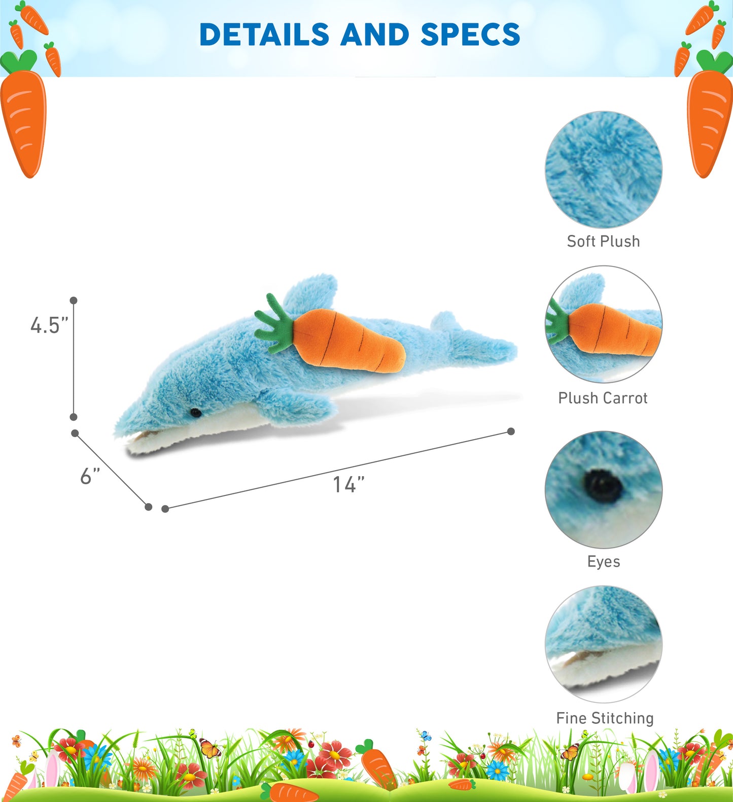 DolliBu Happy Easter Super Soft Plush Small Dolphin with Carrot Plush - 14 Inch
