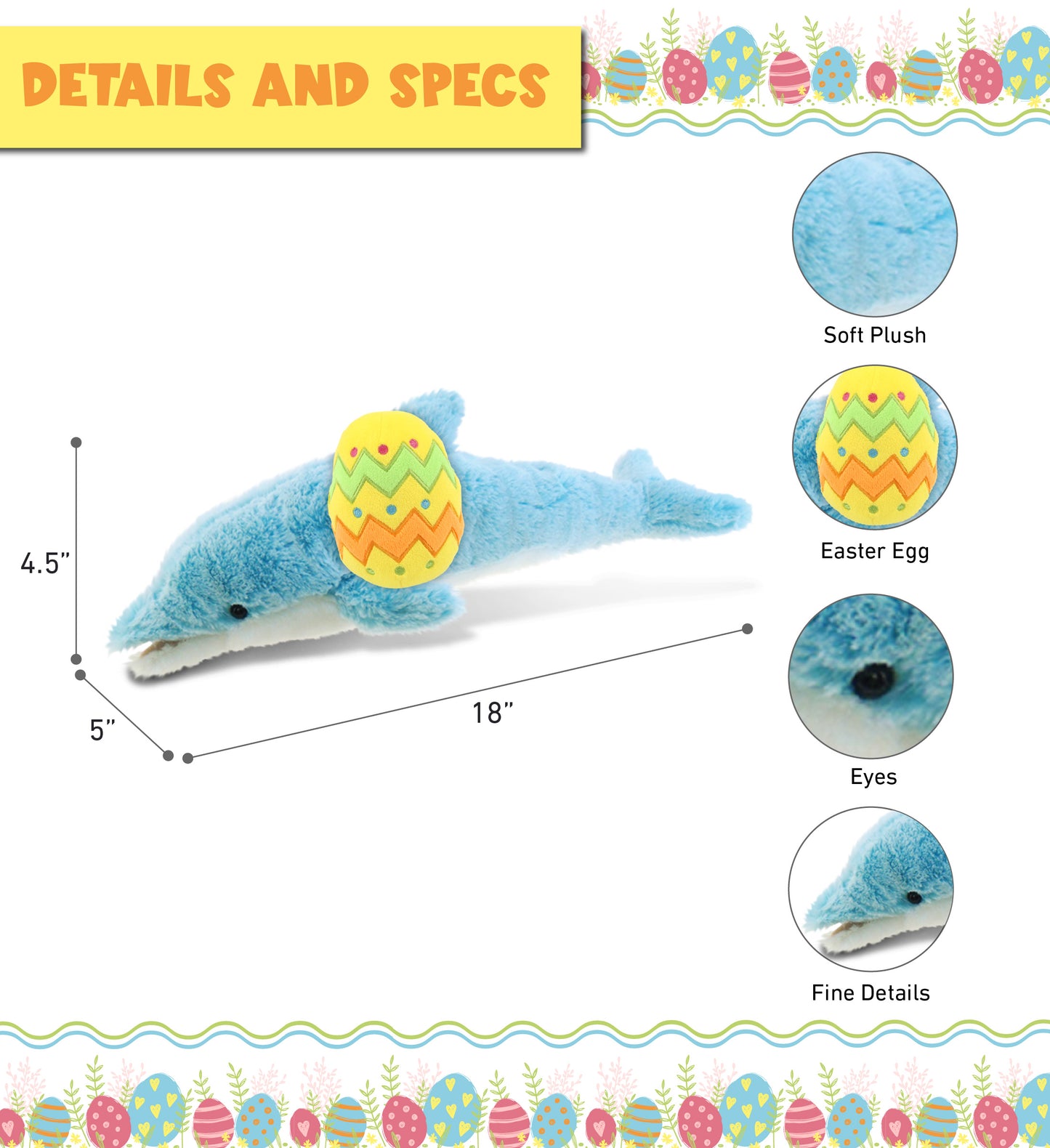 DolliBu Super Soft Large Blue Dolphin with Yellow Easter Egg Plush - 18 Inches