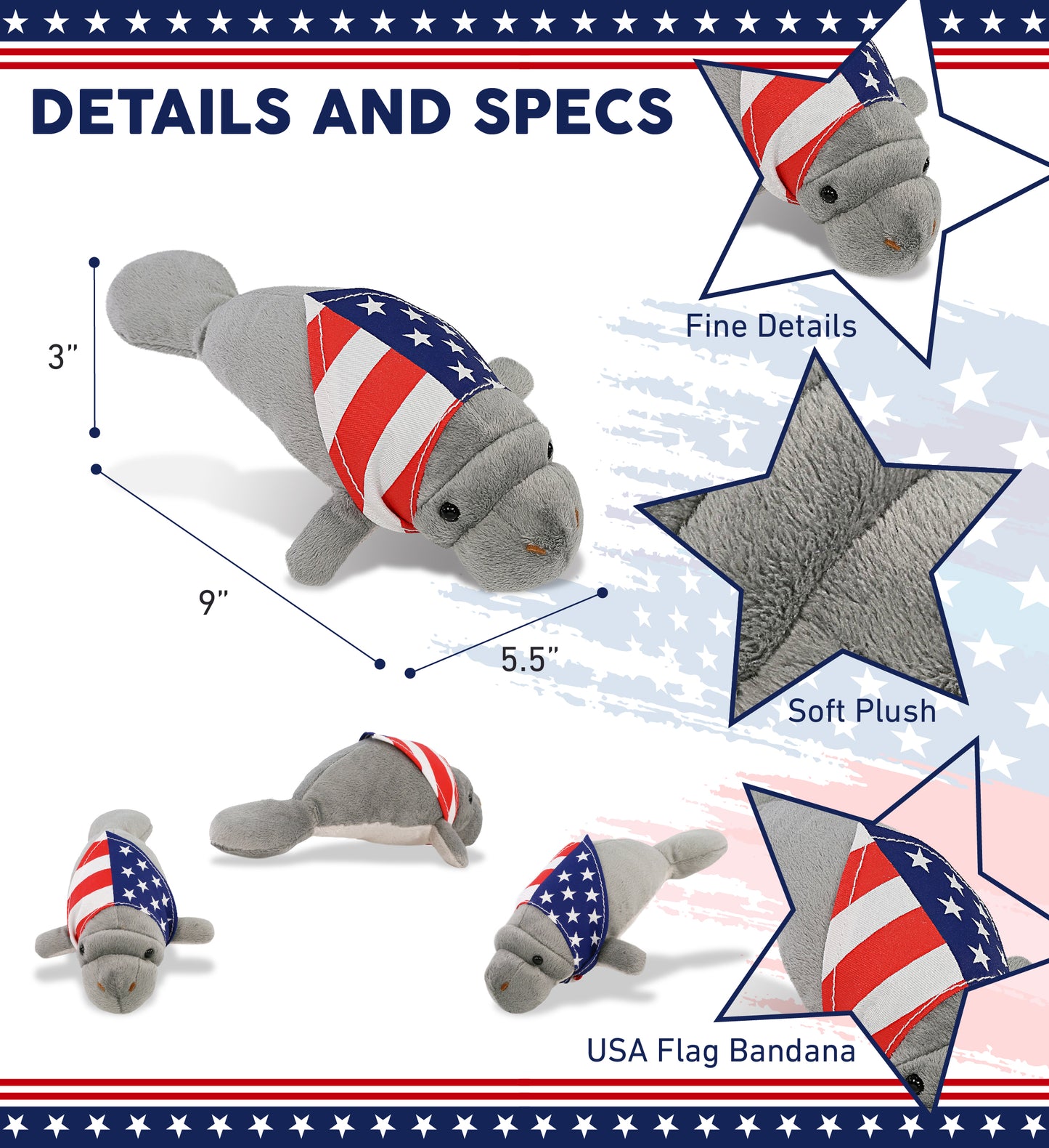 WILD COLLECTION PLUSH - 9" GREY MANATEE WITH USA FLAG BANDANA