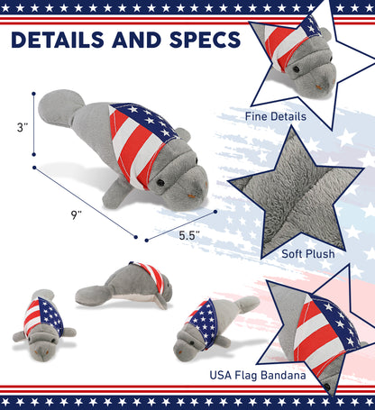 WILD COLLECTION PLUSH - 9" GREY MANATEE WITH USA FLAG BANDANA
