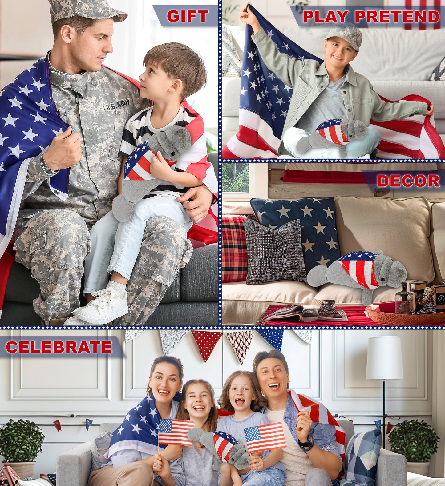 WILD COLLECTION PLUSH - 9" GREY MANATEE WITH USA FLAG BANDANA