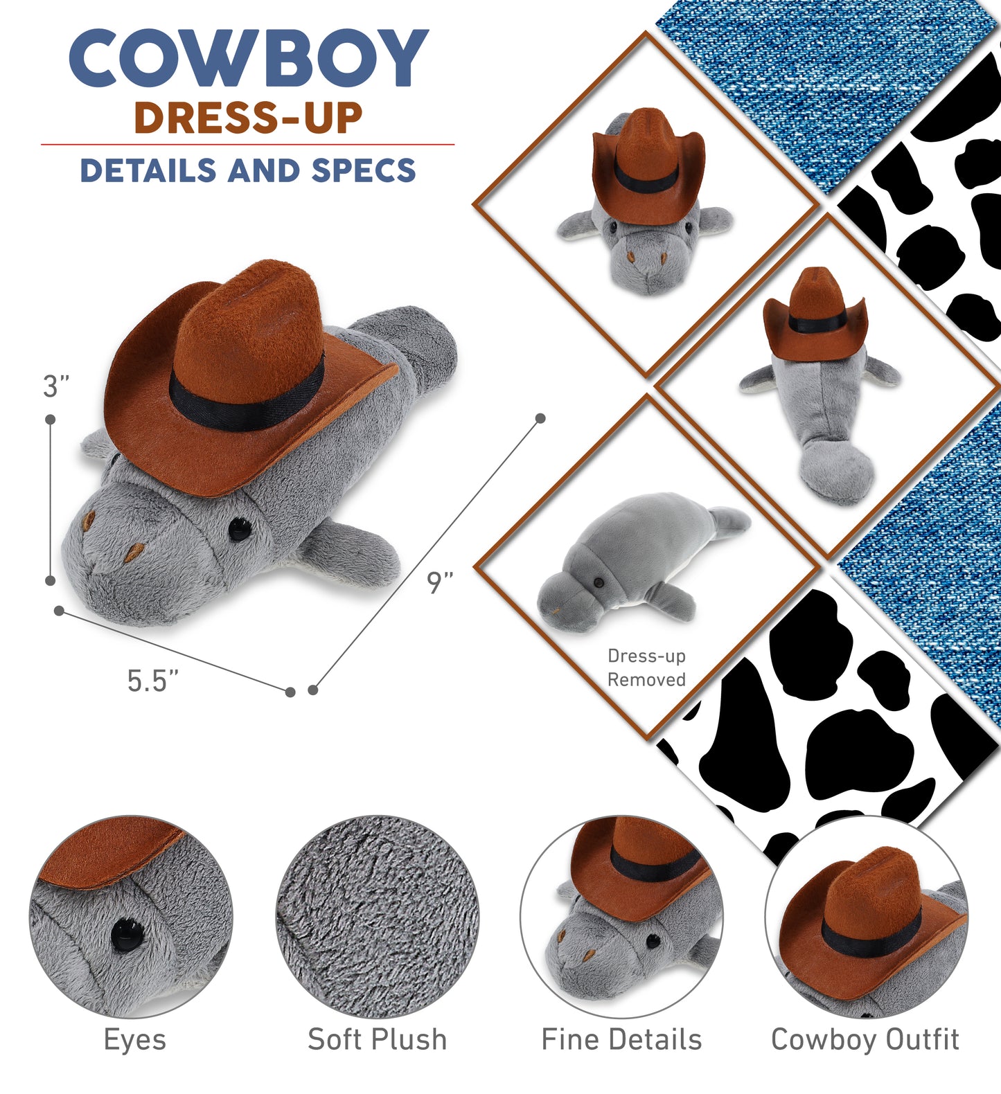 WILD COLLECTION PLUSH - 9" GREY MANATEE COWBOY DRESS UP
