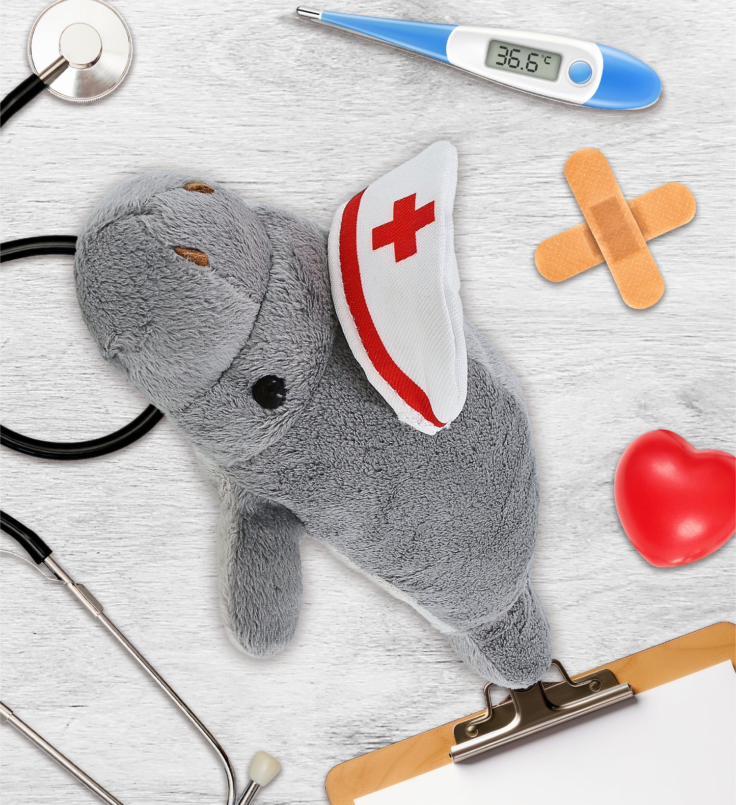 WILD COLLECTION PLUSH - 9" GREY MANATEE With NURSE Dress-Up