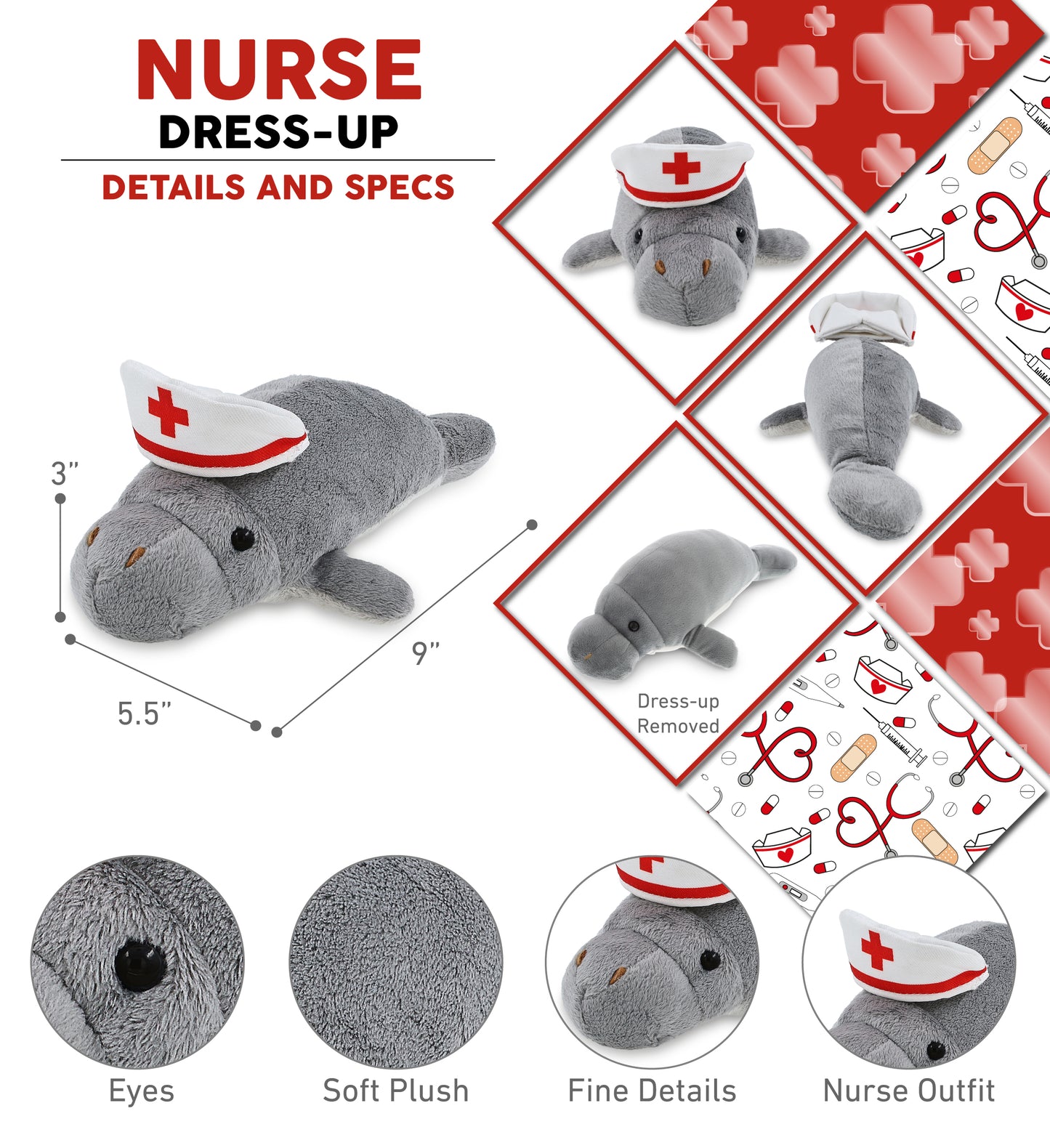WILD COLLECTION PLUSH - 9" GREY MANATEE With NURSE Dress-Up