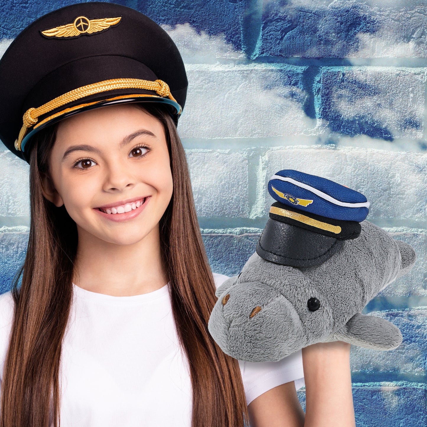 WILD COLLECTION PLUSH - 9" GREY MANATEE WITH PILOT DRESS UP