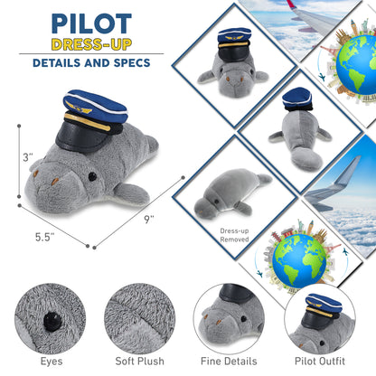 WILD COLLECTION PLUSH - 9" GREY MANATEE WITH PILOT DRESS UP