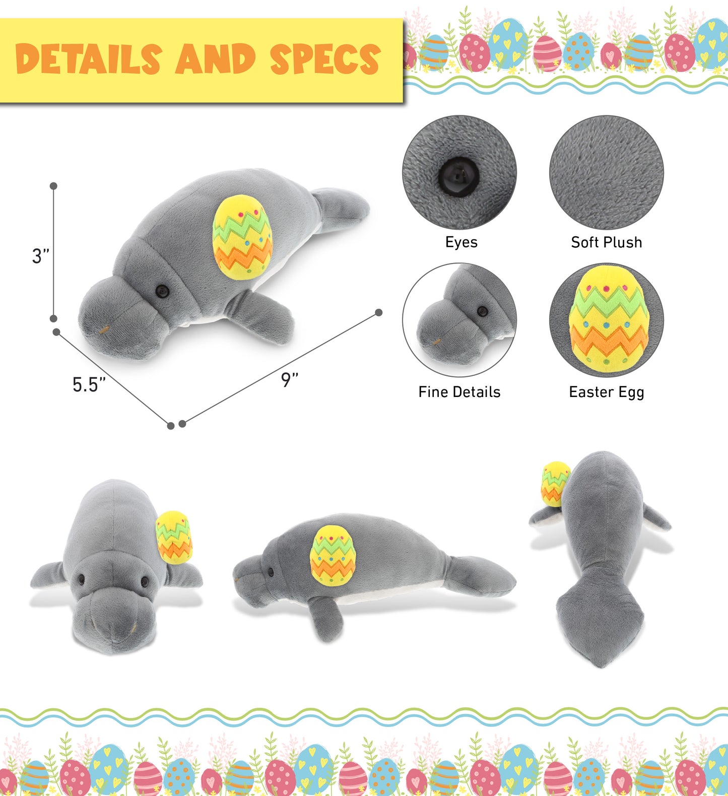 DolliBu Wild Collection Grey Manatee with Yellow Easter Egg Plush - 9 Inches