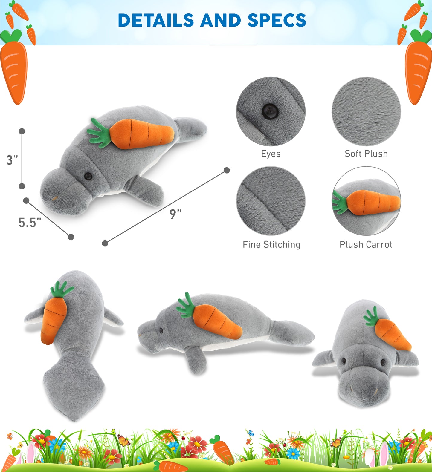 DolliBu Happy Easter Super Soft Plush Grey Manatee with Carrot Plush - 9 Inches