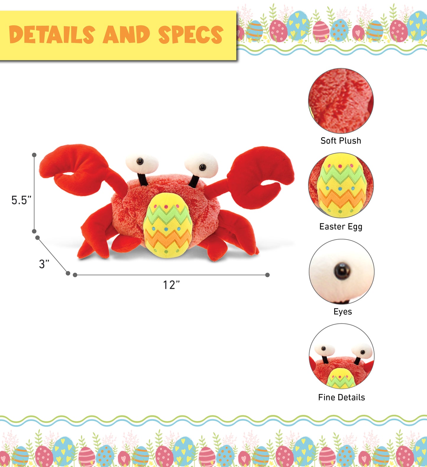 DolliBu Super Soft Cute Red Crab with Yellow Easter Egg Plush Toy - 12 Inches