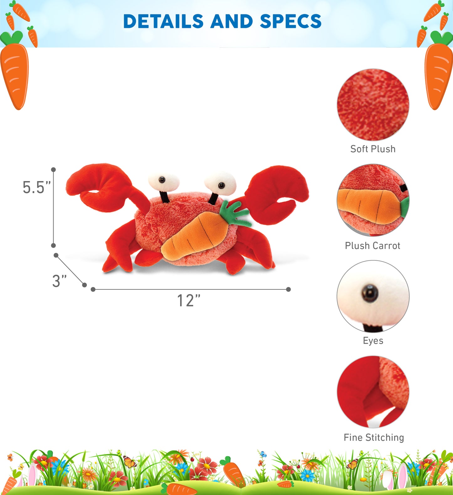 DolliBu Happy Easter Super Soft Plush Red Crab with Carrot Plush Toy - 12 Inch