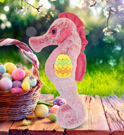DolliBu Super Soft Pink Seahorse with Yellow Easter Egg Plush Toy - 15 Inches