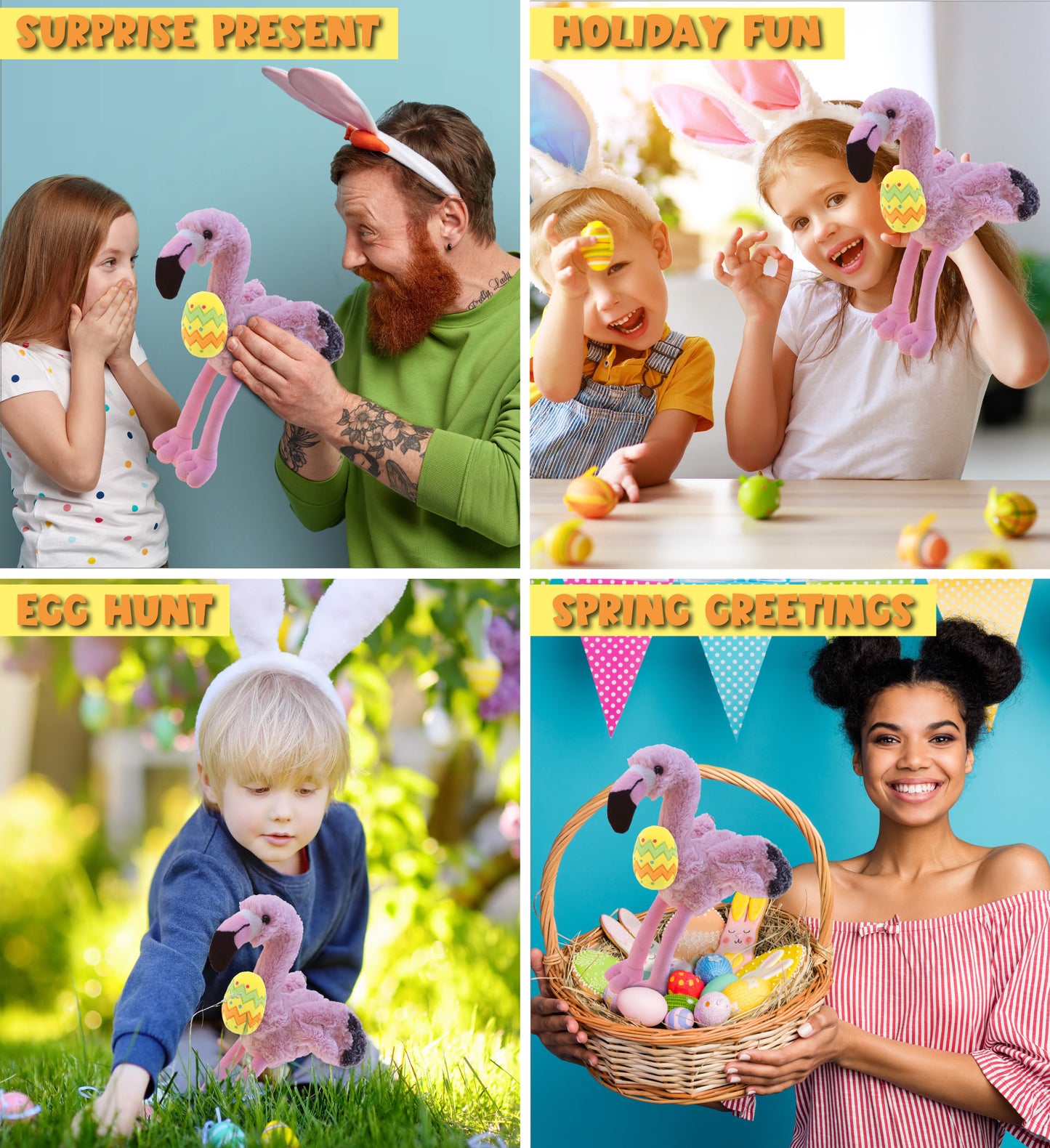 DolliBu Super Soft Pink Flamingo with Yellow Easter Egg Plush Toy - 10 Inches