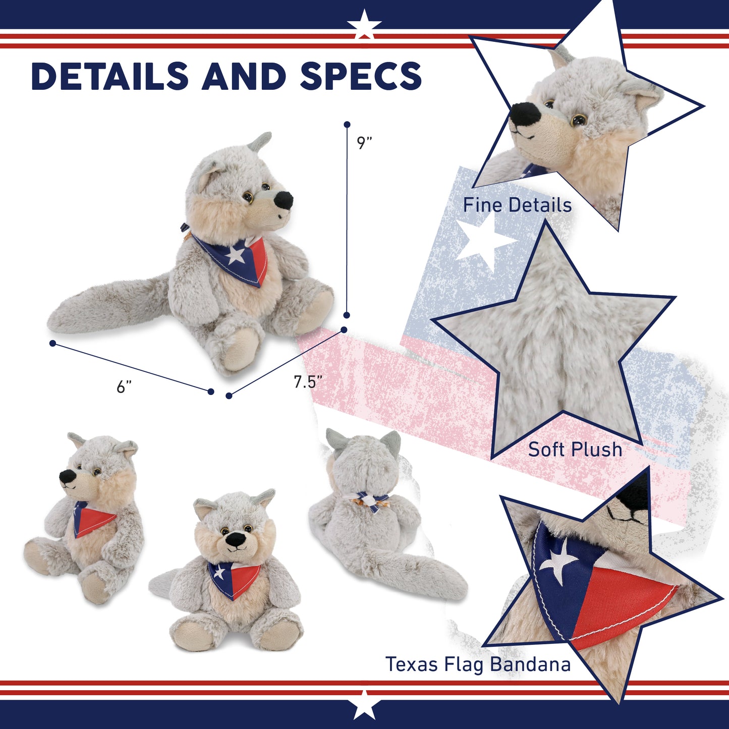 SUPER-SOFT PLUSH - SITTING WOLF WITH TEXAS FLAG BANDANA