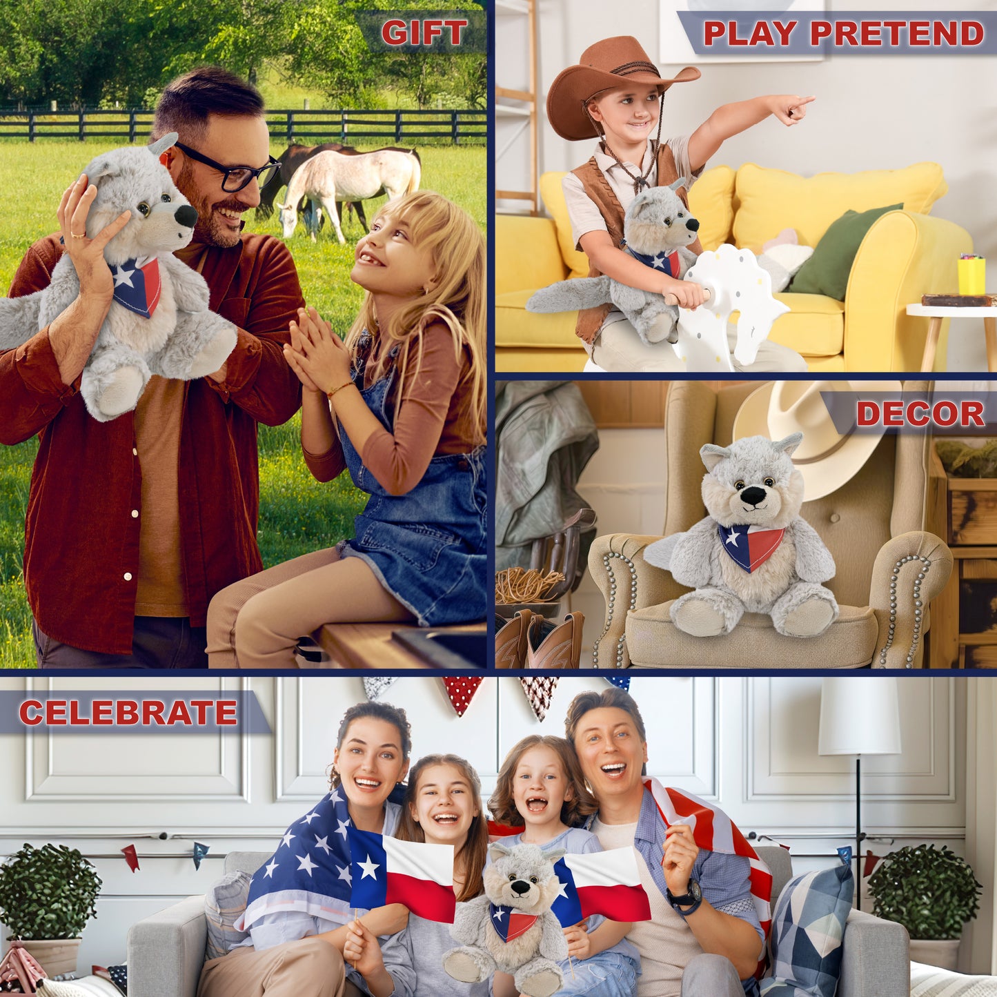 SUPER-SOFT PLUSH - SITTING WOLF WITH TEXAS FLAG BANDANA