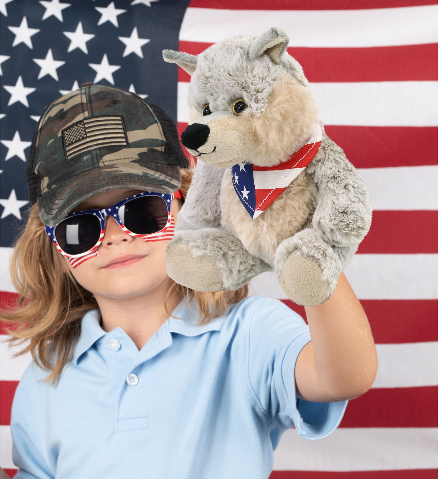 SUPER-SOFT PLUSH - SITTING WOLF WITH USA FLAG BANDANA