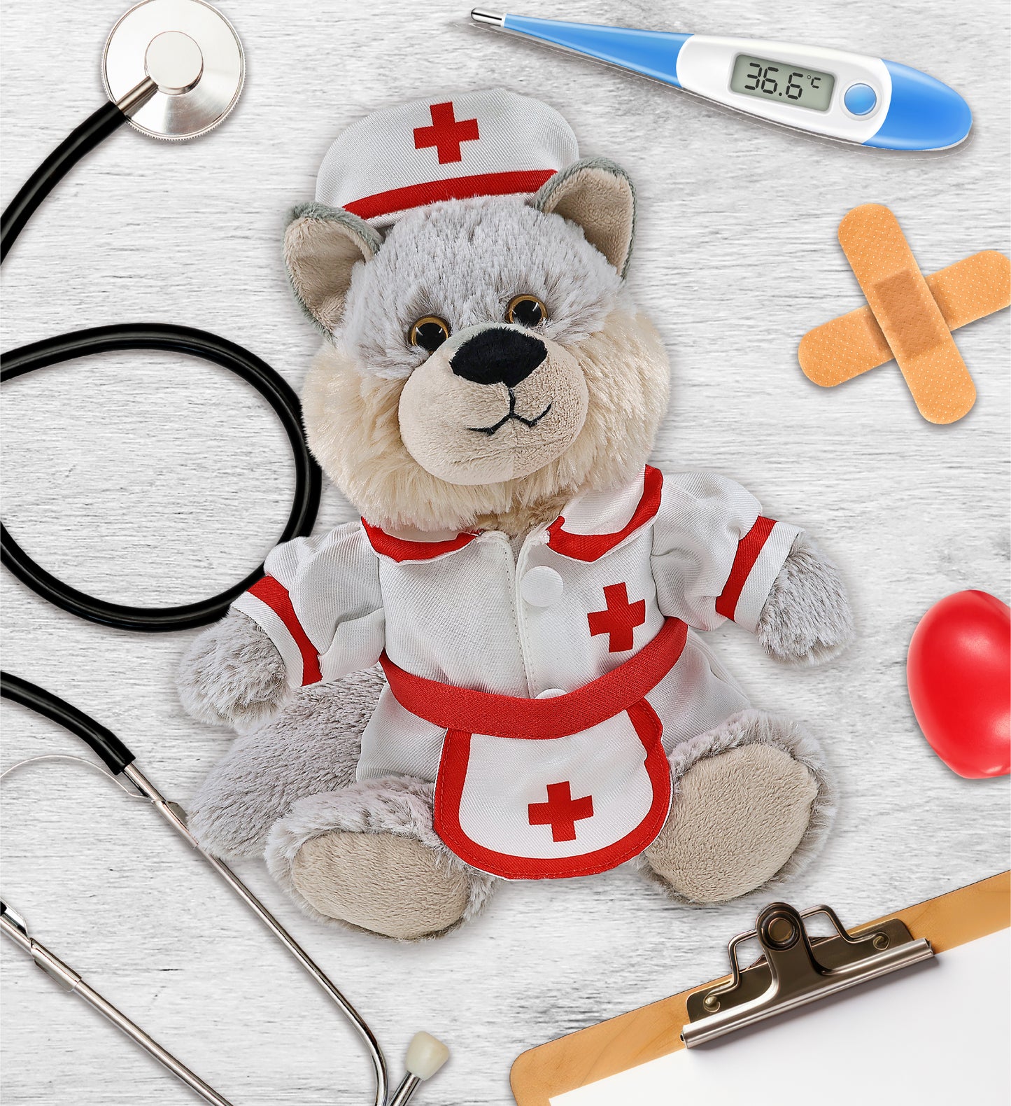 SUPER-SOFT PLUSH - SITTING WOLF With NURSE Dress-Up