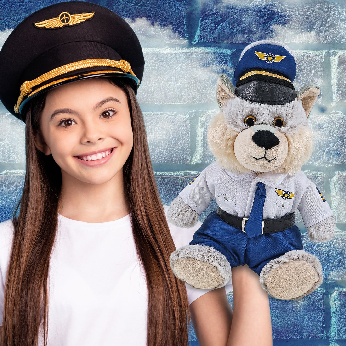 SUPER-SOFT PLUSH - SITTING WOLF WITH PILOT DRESS UP