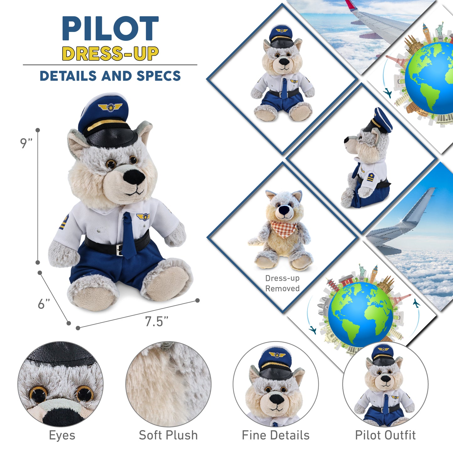 SUPER-SOFT PLUSH - SITTING WOLF WITH PILOT DRESS UP