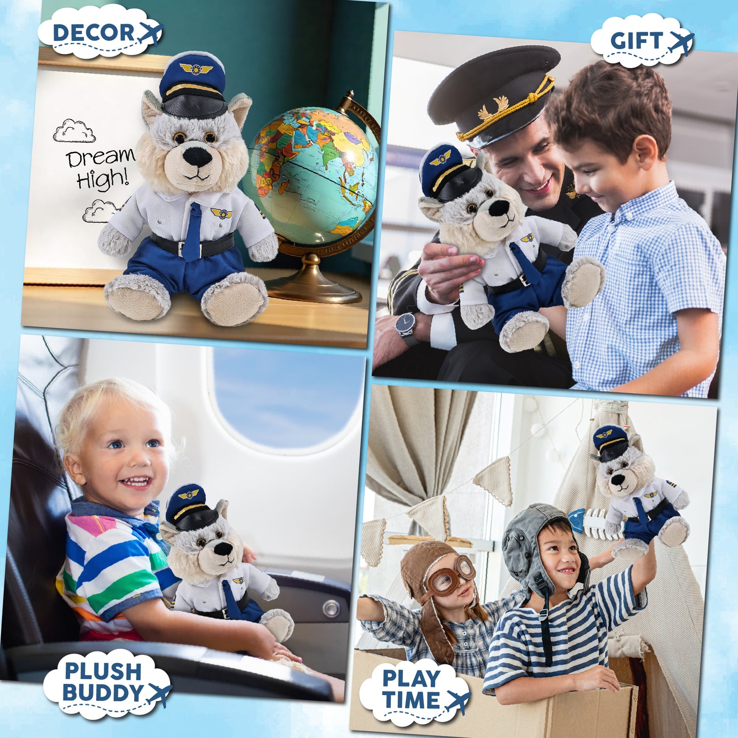 SUPER-SOFT PLUSH - SITTING WOLF WITH PILOT DRESS UP