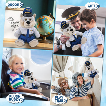 SUPER-SOFT PLUSH - SITTING WOLF WITH PILOT DRESS UP