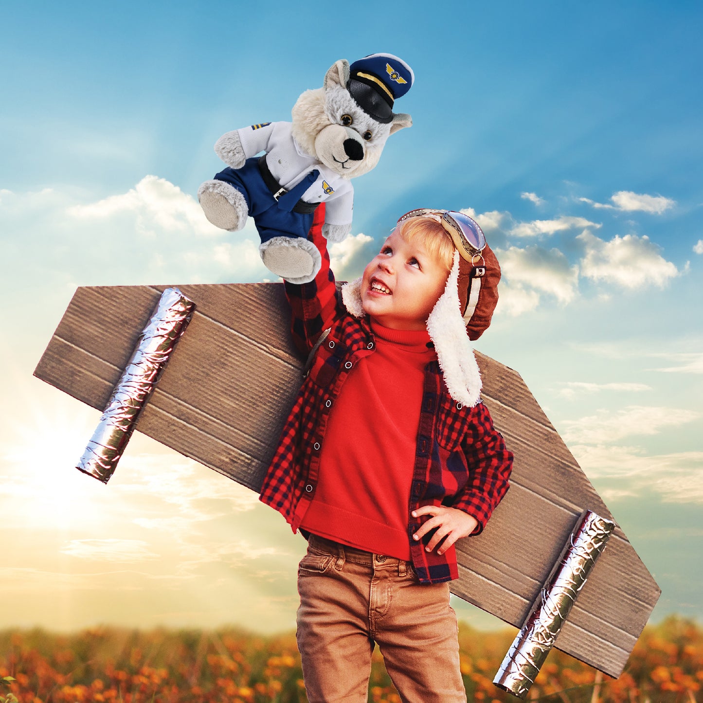 SUPER-SOFT PLUSH - SITTING WOLF WITH PILOT DRESS UP