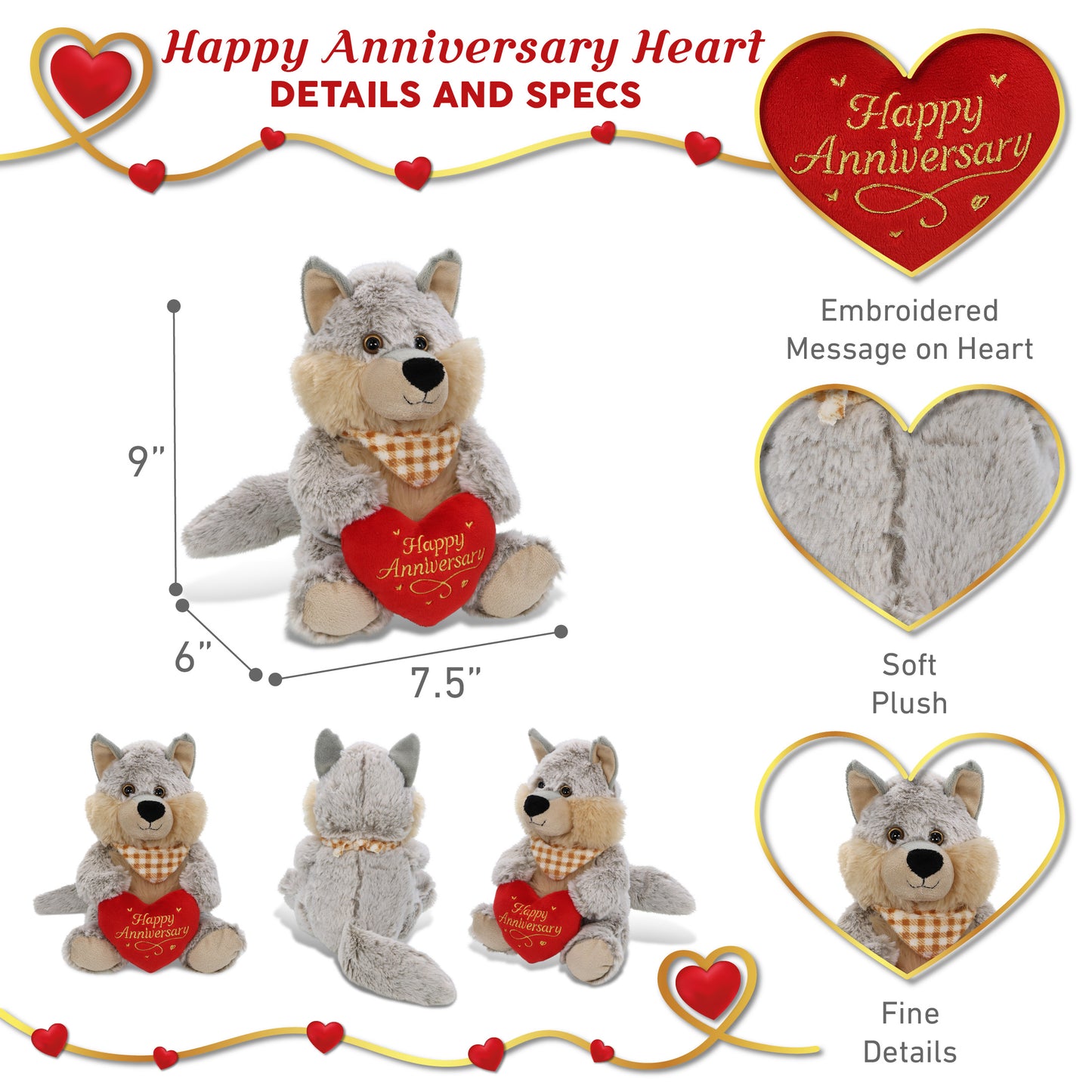 SUPER-SOFT PLUSH - SITTING WOLF WITH HAPPY ANNIVERSARY HEART