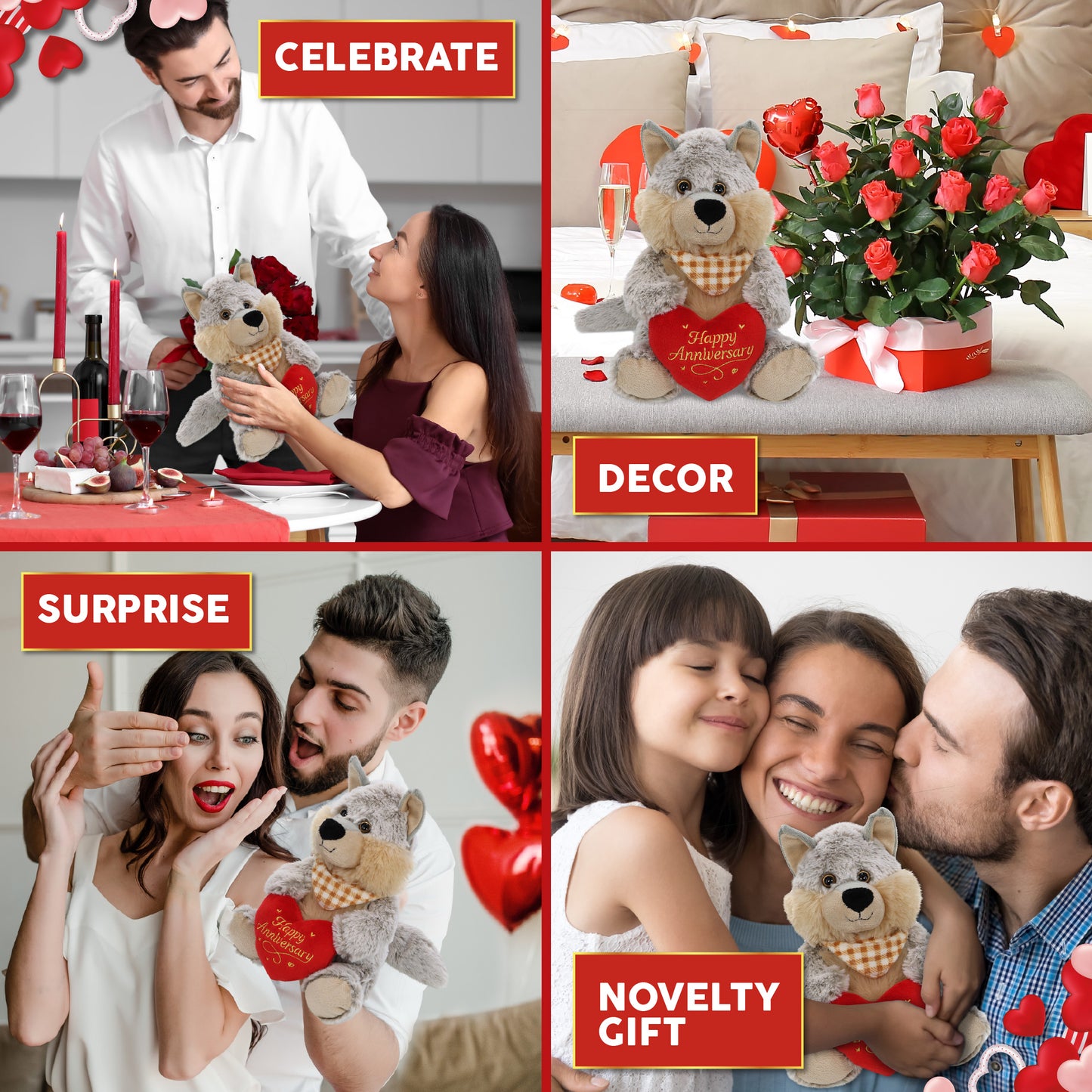 SUPER-SOFT PLUSH - SITTING WOLF WITH HAPPY ANNIVERSARY HEART
